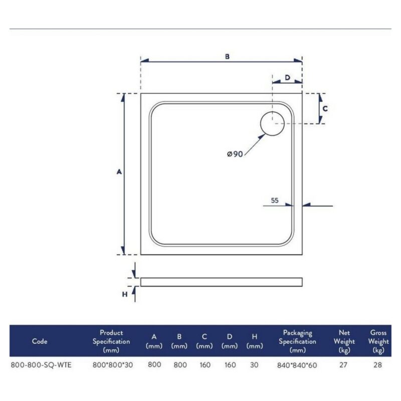 Scudo Shires 800mm Square Shower Tray White