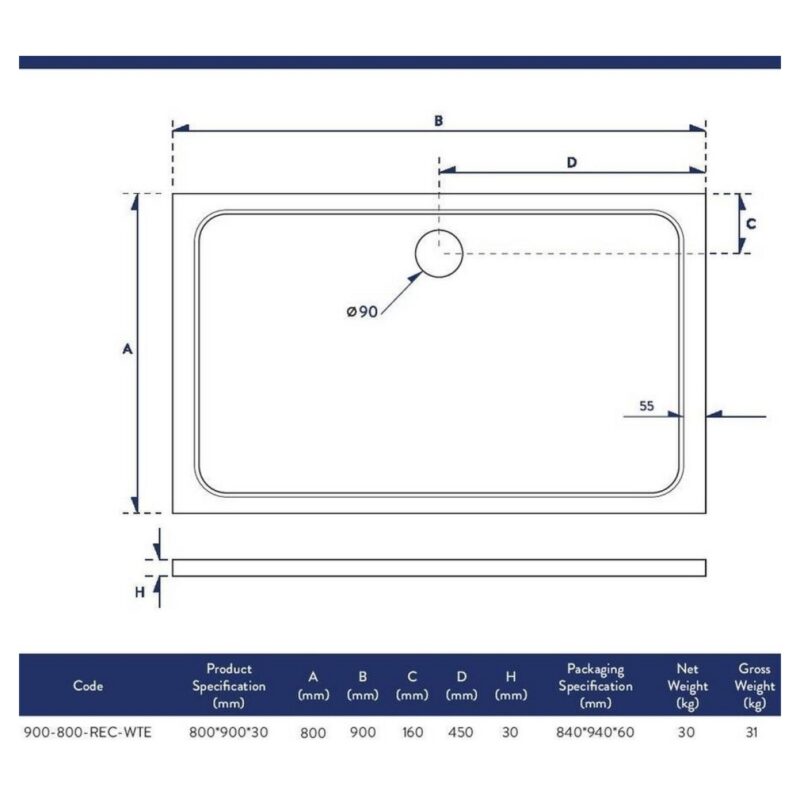 Scudo Shires 900 x 800mm Rectangular Shower Tray White