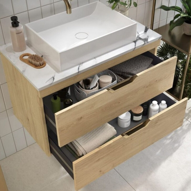 Scudo Aubrey 600mm Wall Mounted Vanity Unit with Worktop Davos Oak