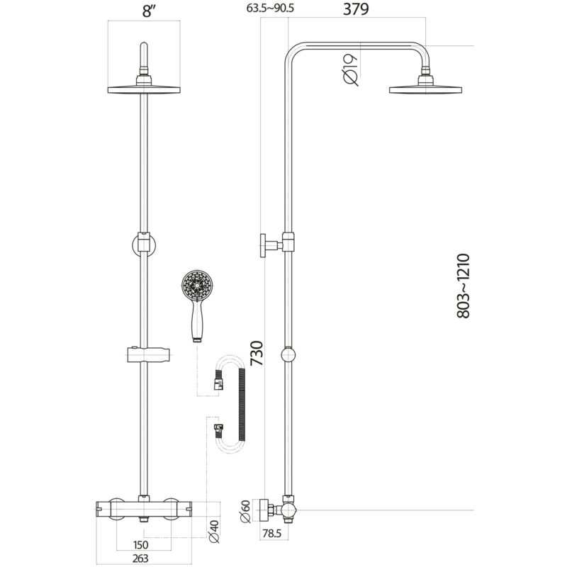 Scudo Middleton Black Round Rigid Riser Shower