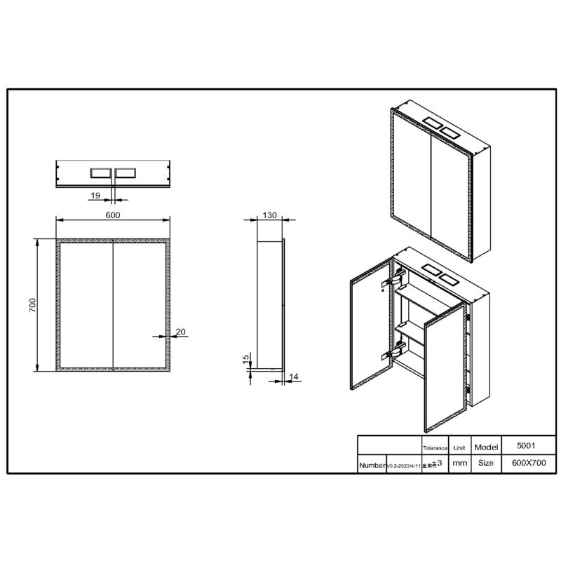Scudo Prospr 600x700mm Double Door LED Mirror Cabinet with Bluetooth