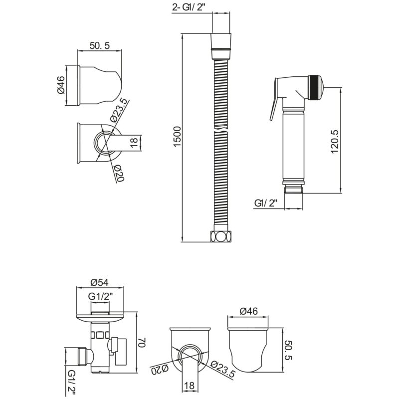 Scudo Douche Handset, Flexi, Holder & Oulet Elbow