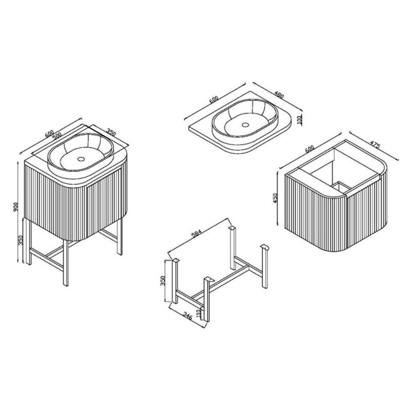 Scudo Linea Curve 600mm Sonoma Oak Wall Hung Vanity Unit & Basin