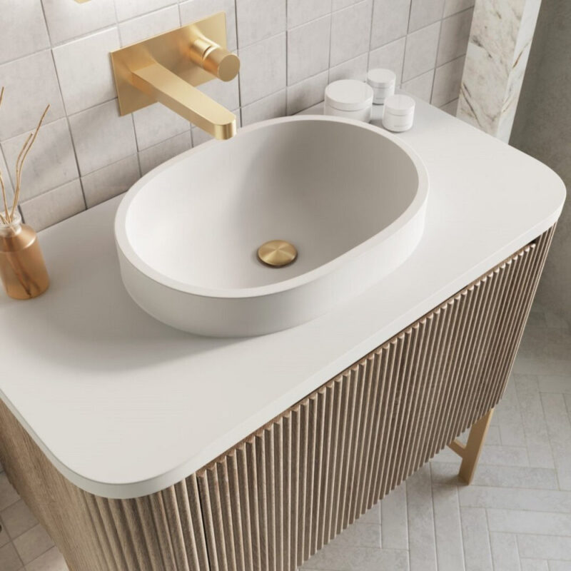 Scudo Linea Curve 900mm Sonoma Oak Wall Vanity Unit with Basin & Frame