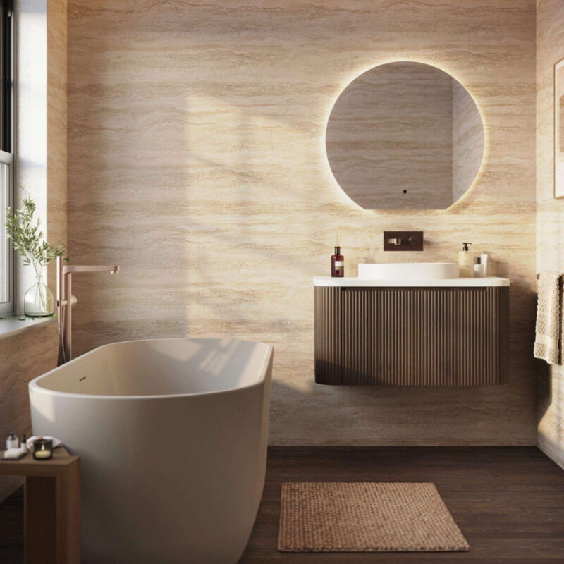 Scudo Linea Curve 900mm Walnut Wall Hung Vanity Unit & Basin