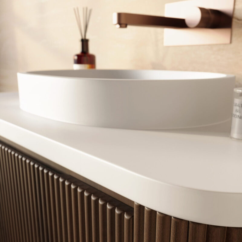 Scudo Linea Curve 900mm Walnut Wall Hung Vanity Unit & Basin