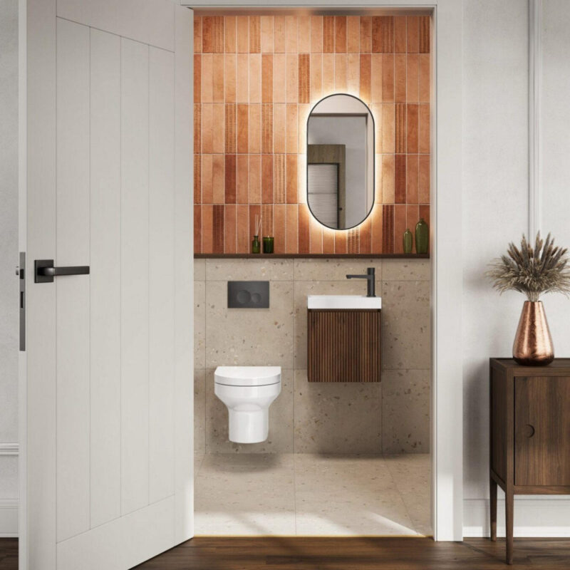Scudo Linea 400mm Walnut Wall Hung Cloakroom Vanity Unit & Basin
