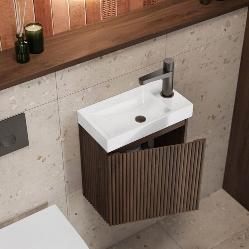 Scudo Linea 400mm Walnut Wall Hung Cloakroom Vanity Unit & Basin