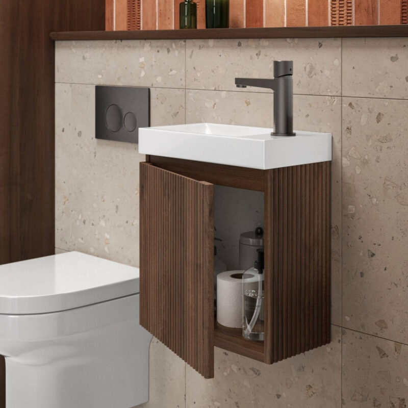 Scudo Linea 400mm Walnut Wall Hung Cloakroom Vanity Unit & Basin