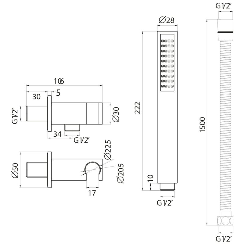 Scudo Chrome Square Shower Outlet, Hose & Head