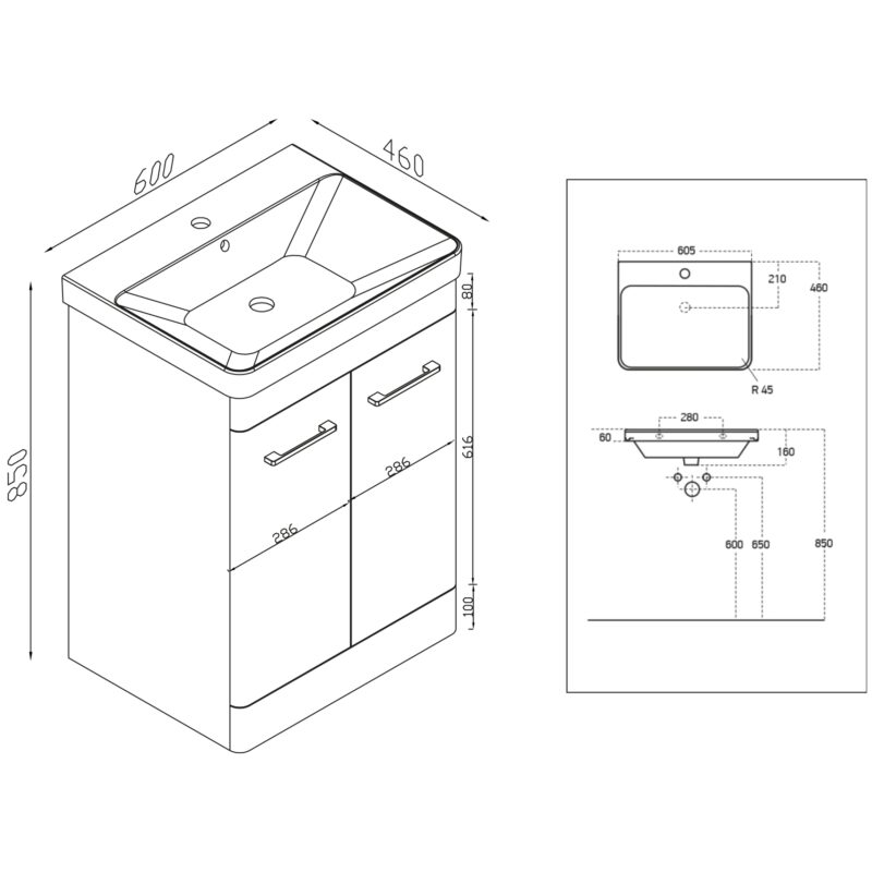 Scudo Rossini 600mm Floor Standing White Gloss Vanity Unit
