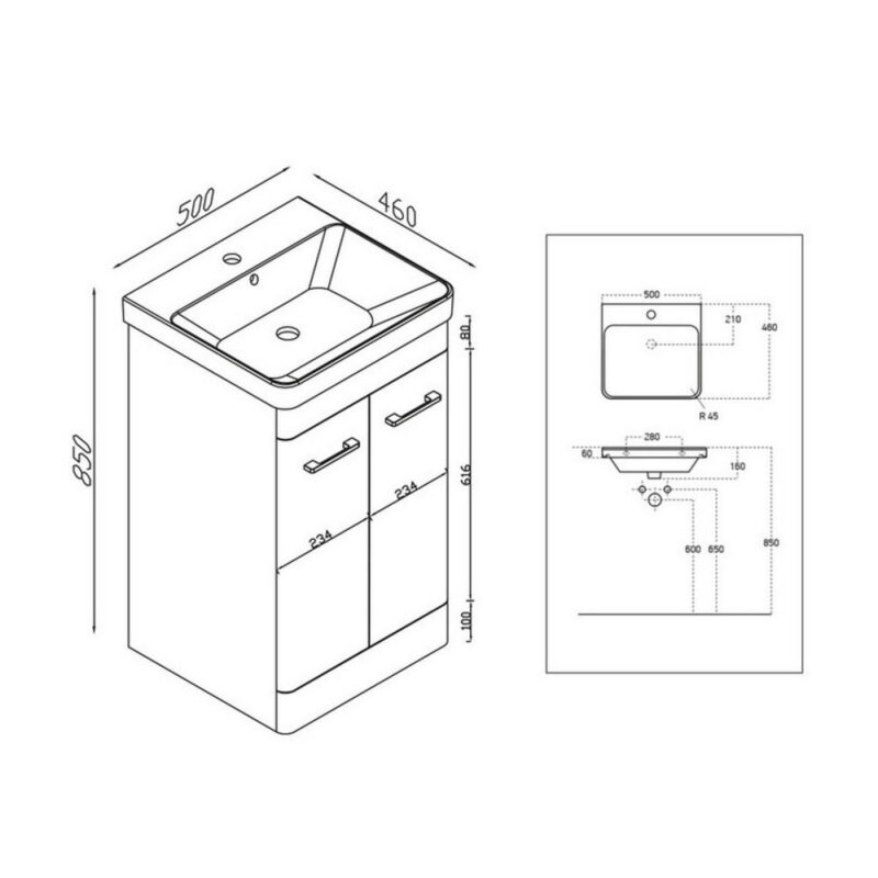 Scudo Rossini Floorstanding 500mm Vanity Unit & Basin Gloss White