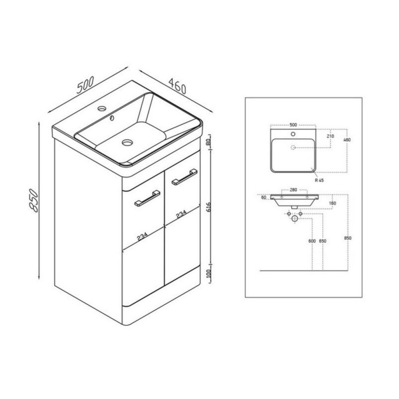 Scudo Rossini Floorstanding 500mm Vanity Unit & Basin Gloss Pebble Grey
