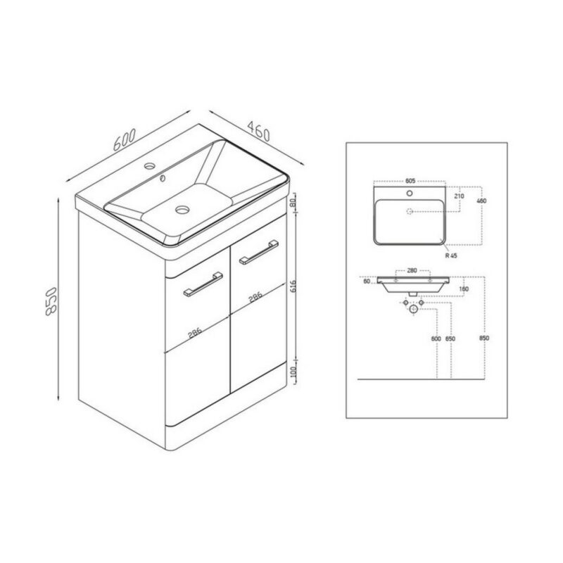 Scudo Rossini Floorstanding 600mm Vanity Unit & Basin Gloss Pebble Grey