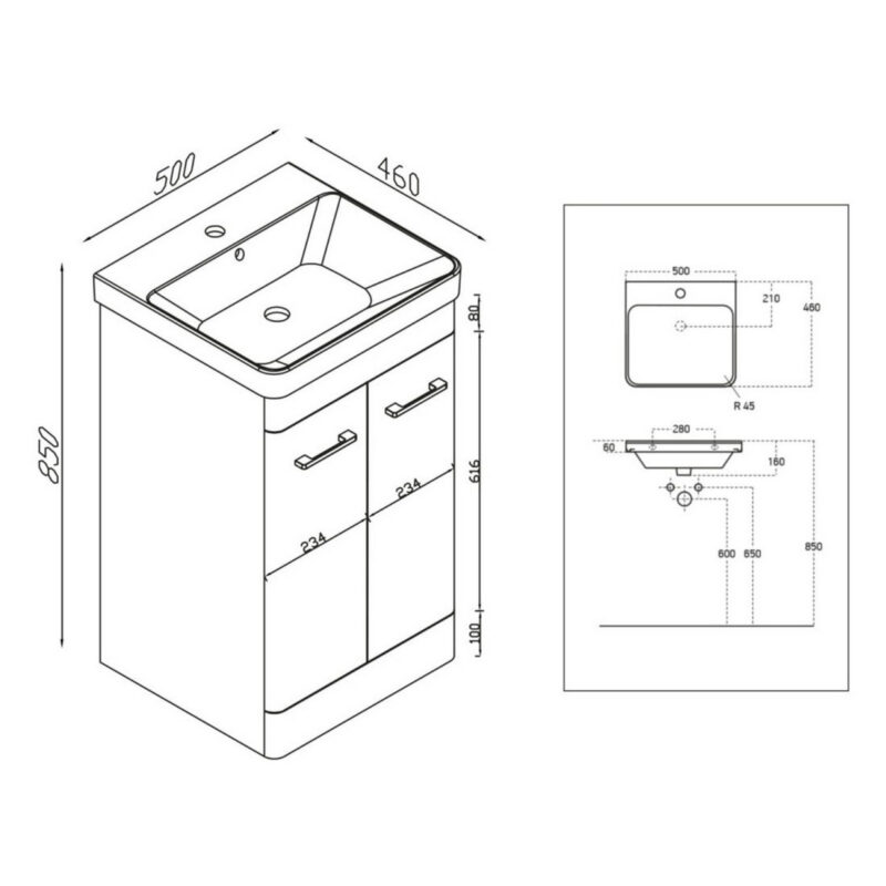 Scudo Rossini 500mm Floorstanding Vanity Unit & Basin Matt Stone