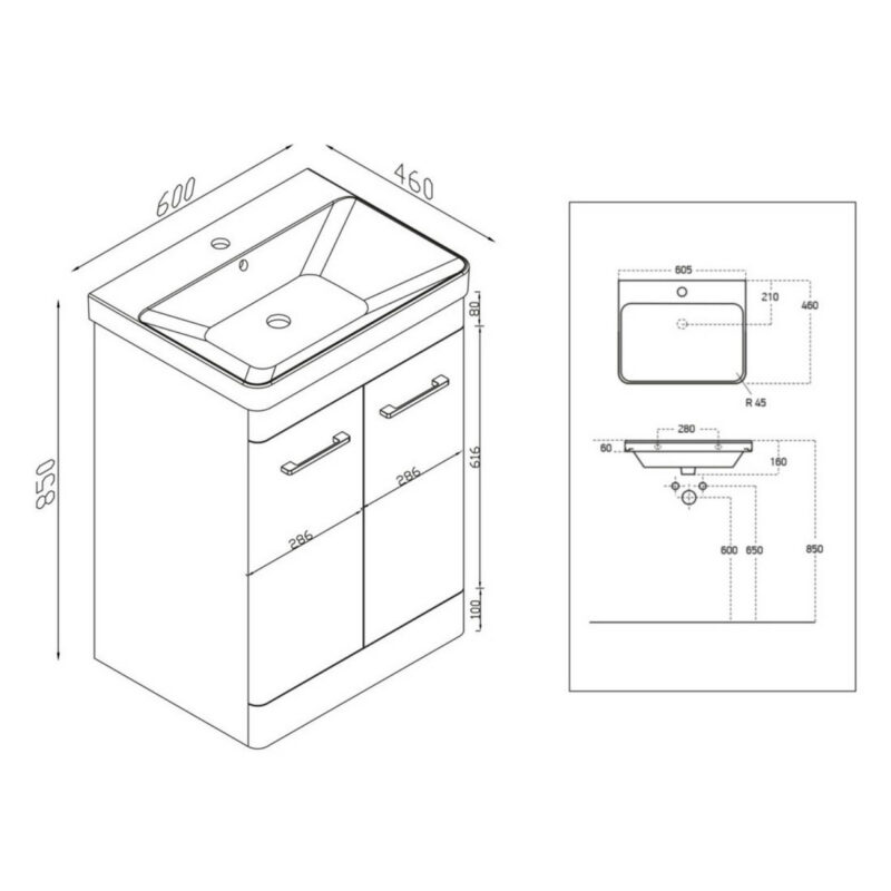 Scudo Rossini 600mm Floorstanding Vanity Unit & Basin Matt Stone