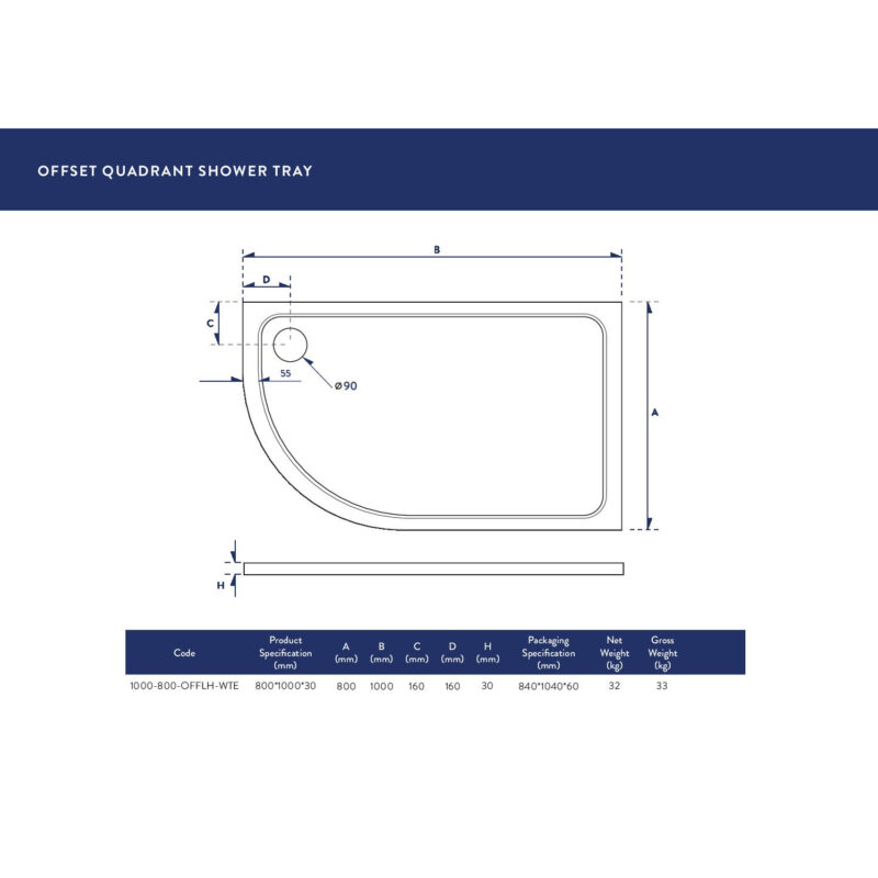 Scudo Eco-Stone Offset Quad Shower Tray LH 1000 x 800 White