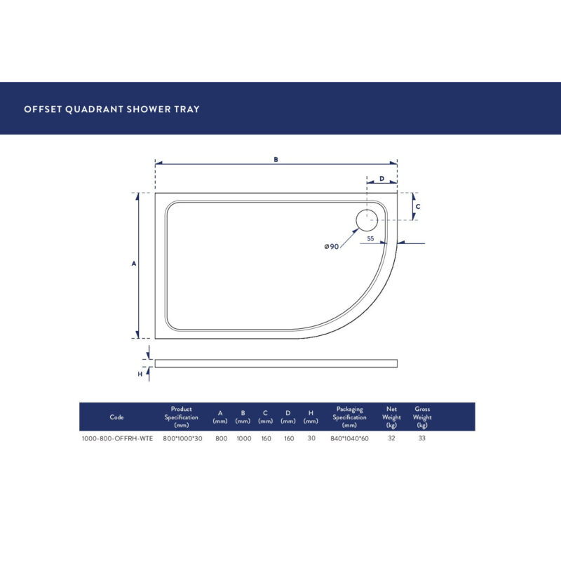 Scudo Eco-Stone Offset Quad Shower Tray RH 1000 x 800 White
