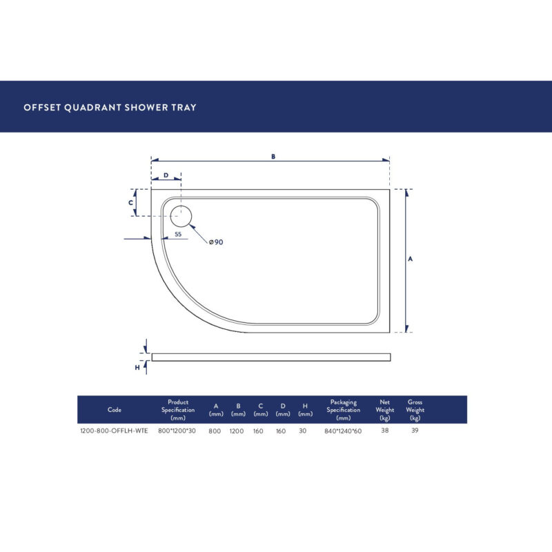 Scudo Eco-Stone Offset Quad Shower Tray LH 1200 x 800 White
