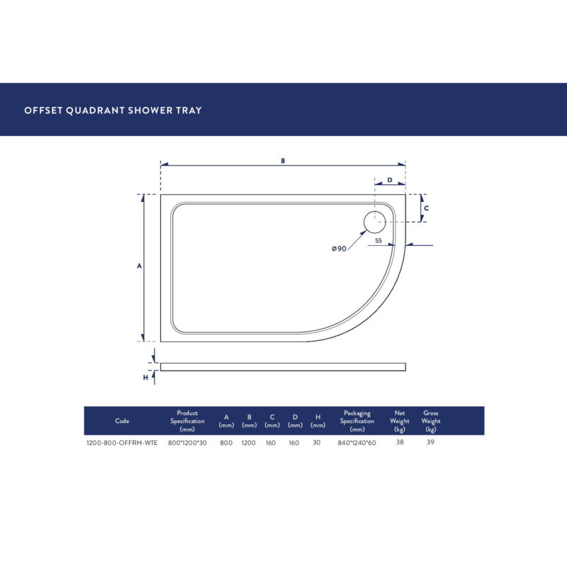 Scudo Eco-Stone Offset Quad Shower Tray RH 1200 x 800 White