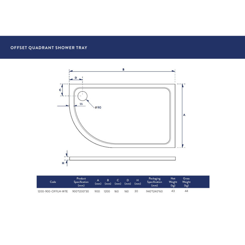 Scudo Eco-Stone Offset Quad Shower Tray LH 1200 x 900 White