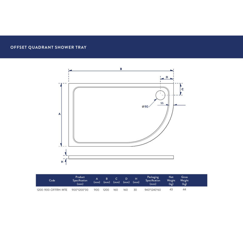 Scudo Eco-Stone Offset Quad Shower Tray Rh 1200 x 900 White