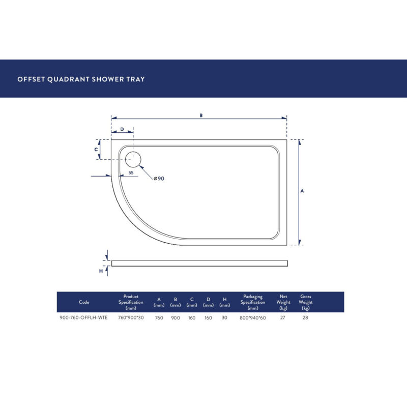 Scudo Eco-Stone Offset Quad Shower Tray LH 900 x 760 White