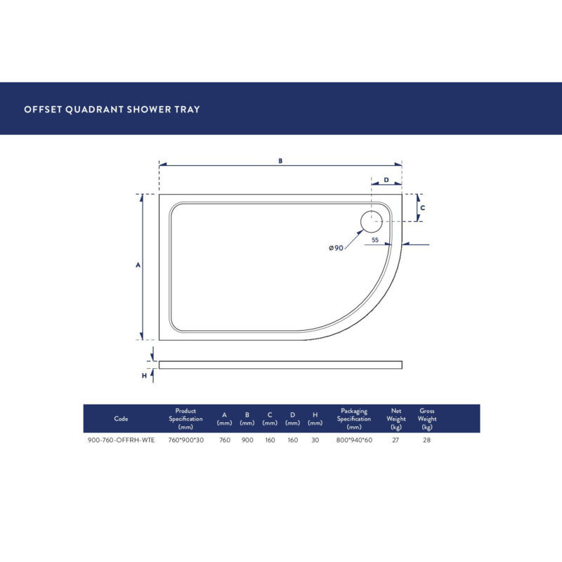Scudo Eco-Stone Offset Quad Shower Tray RH 900 x 760 White