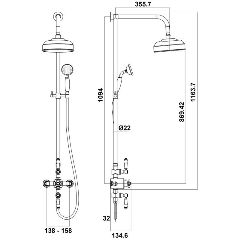 Scudo Traditional Rigid Riser Shower with Fixed Head & Handset