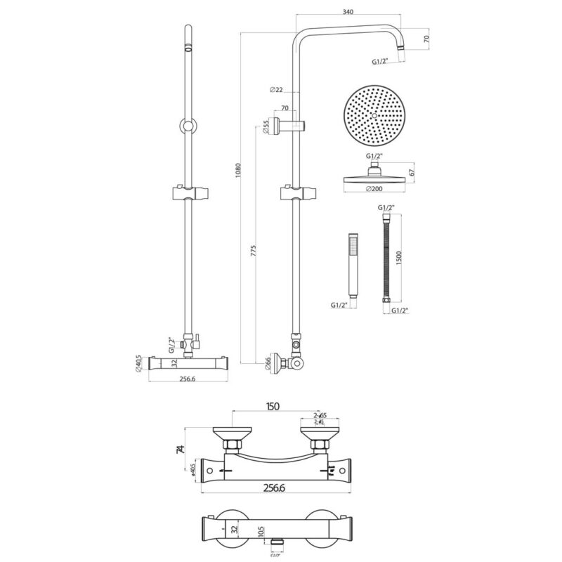 Scudo Round Thermostatic Bar Valve with Riser Rail
