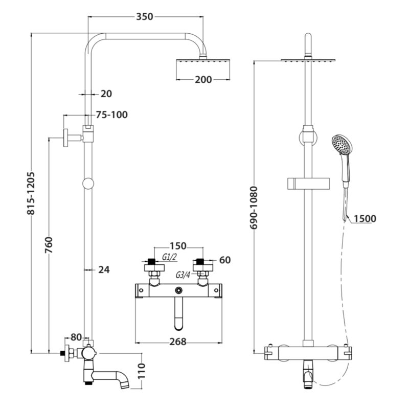 Scudo Solar Round Rigid Riser Shower with Bath Filler