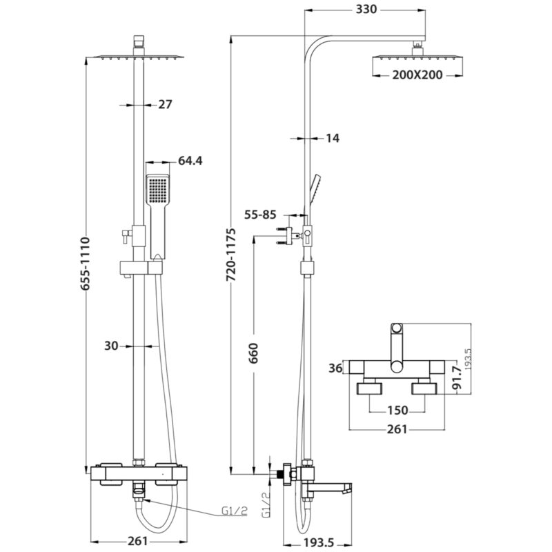 Scudo Block Square Rigid Riser Shower with Bath Filler