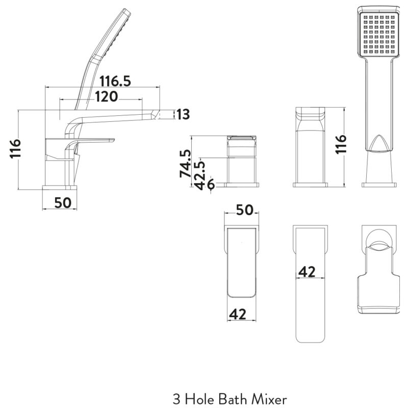 Scudo Muro 3 Hole Bath Mixer Tap