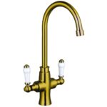 Trisen Rura Two Handle Kitchen Mixer Tap Brushed Gold