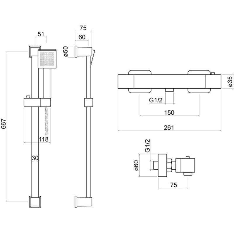 Trisen Piron Square Exposed Bar Valve Shower Set