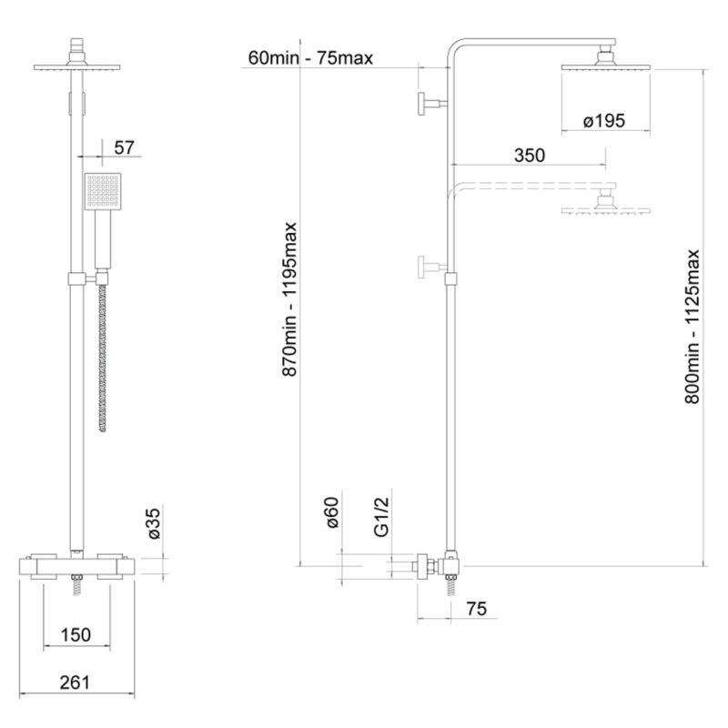 Trisen Zacha Square Exposed Adjustable Shower Black