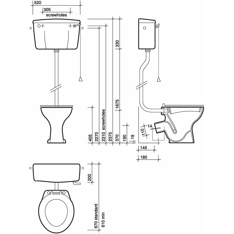 Twyford Classic High Level Toilet Pan, Horizontal Outlet