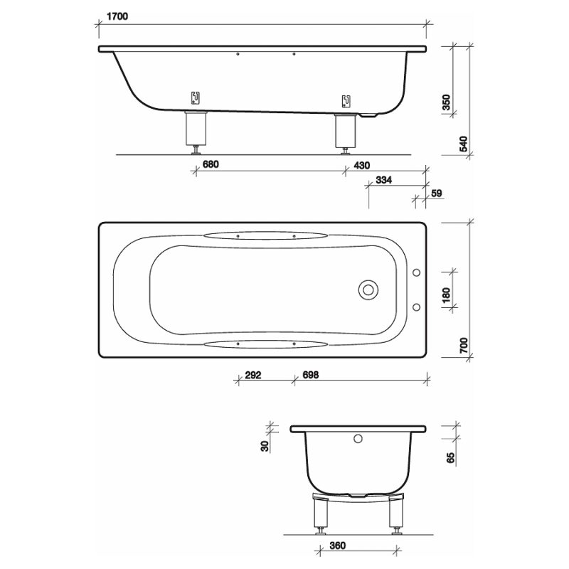 Twyford Celtic Bath 140 Litre 1700x700 2 Tap Slip Resist