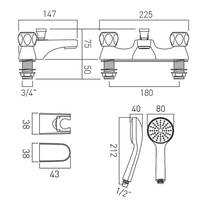Vado Astra Chrome Deck Mounted Bath Shower Mixer with Lever Handles