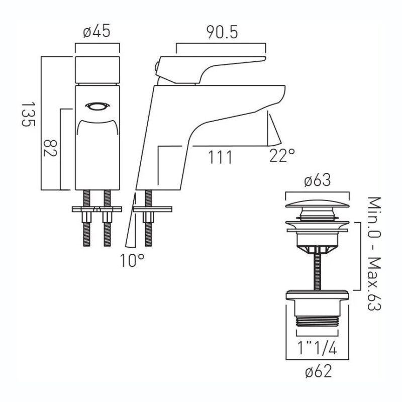 Vado Ava Chrome Mono Basin Mixer Tap with Push Basin Waste