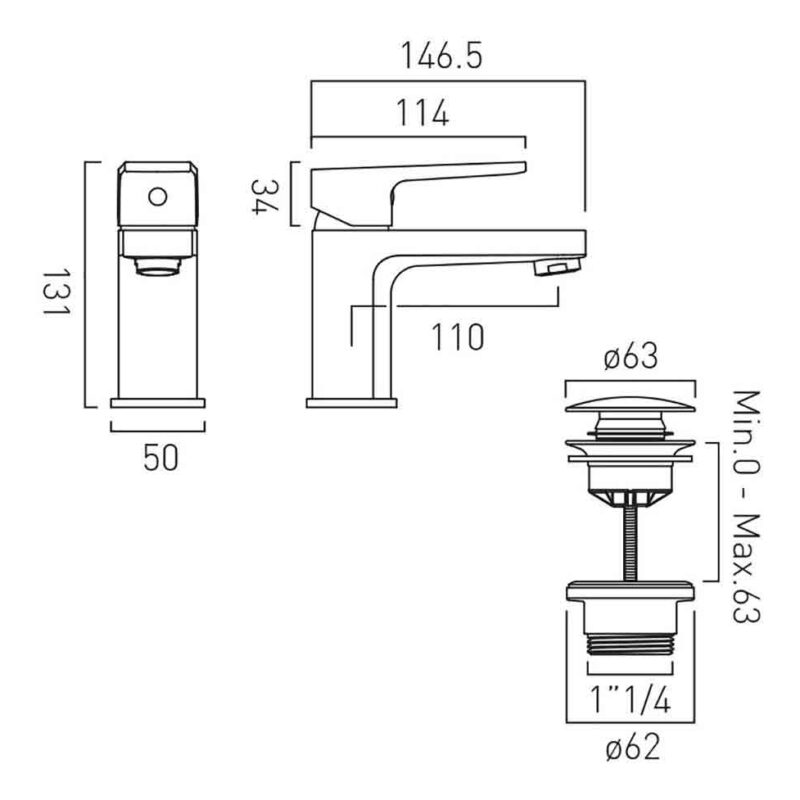 Vado Ekko Chrome Mini Mono Basin Mixer Tap with Push Basin Waste