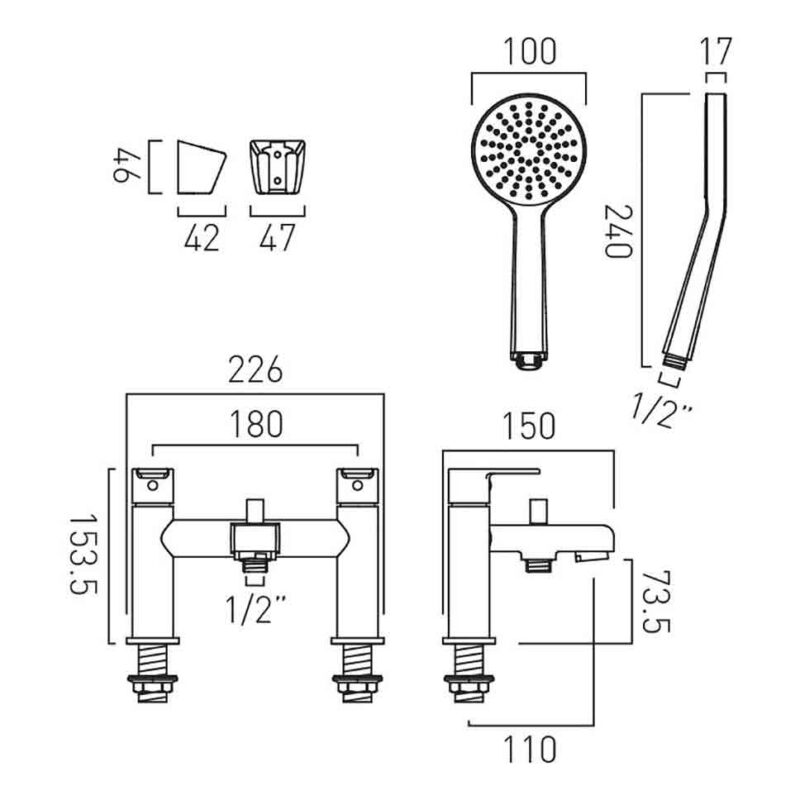 Vado Irlo Chrome Bath Shower Mixer Tap with Shower Kit