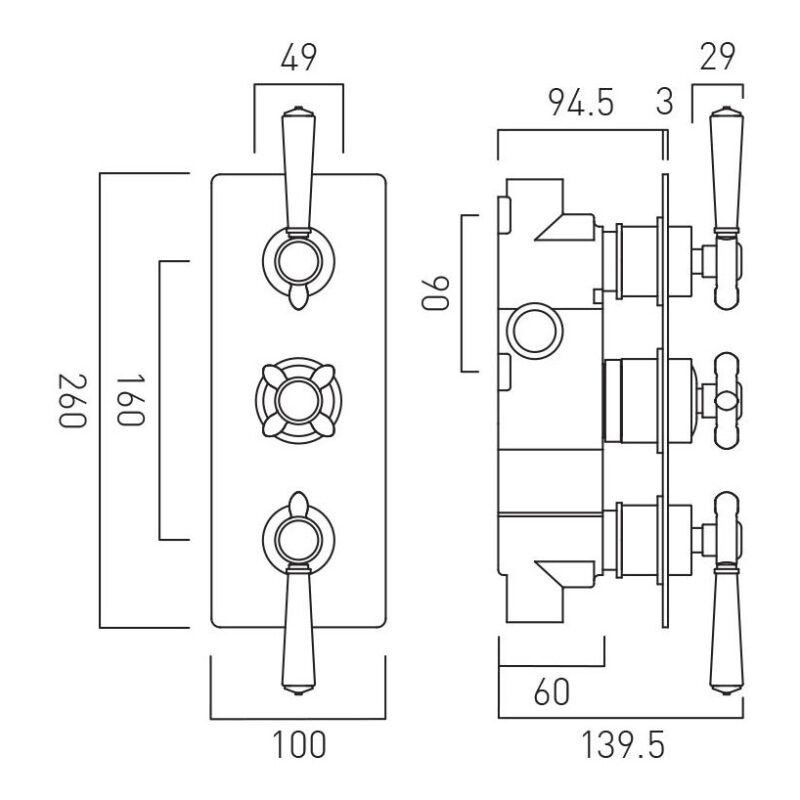 Vado Axbridge Nickel 2 Outlet, 3 Handle Shower Valve