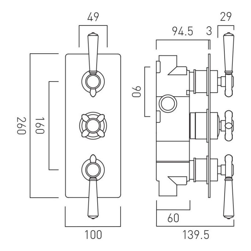 Vado Axbridge Chrome 2 Outlet, 3 Handle Concealed Thermostatic Valve