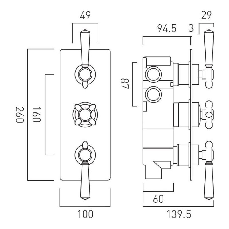 Vado Axbridge Nickel 3 Outlet, 3 Handle Concealed Thermostatic Valve