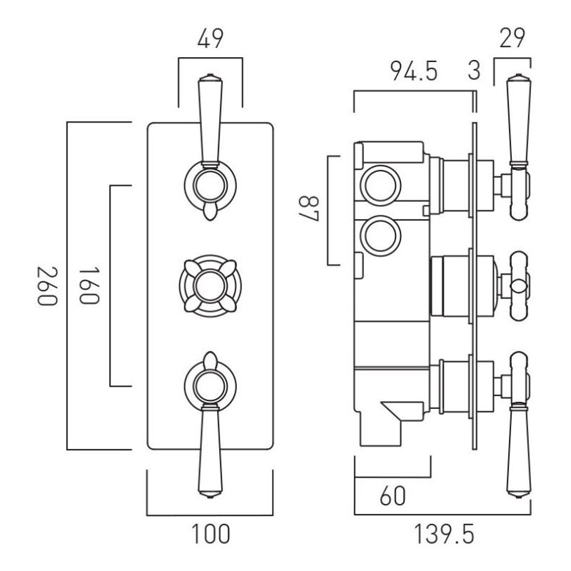 Vado Axbridge Chrome 3 Outlet, 3 Handle Thermostatic Shower Valve