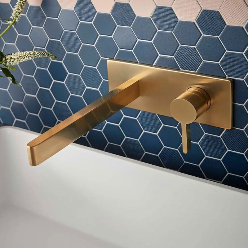Vado Edit Brushed Gold Wall Mounted Basin Mixer with Rectangular Backplate