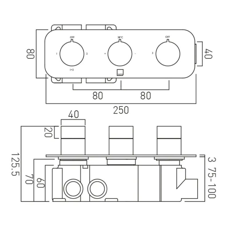 Vado Tablet Altitude Brushed Nickel Horizontal 3 Outlet, 3 Handle All-Flow Shower Valve