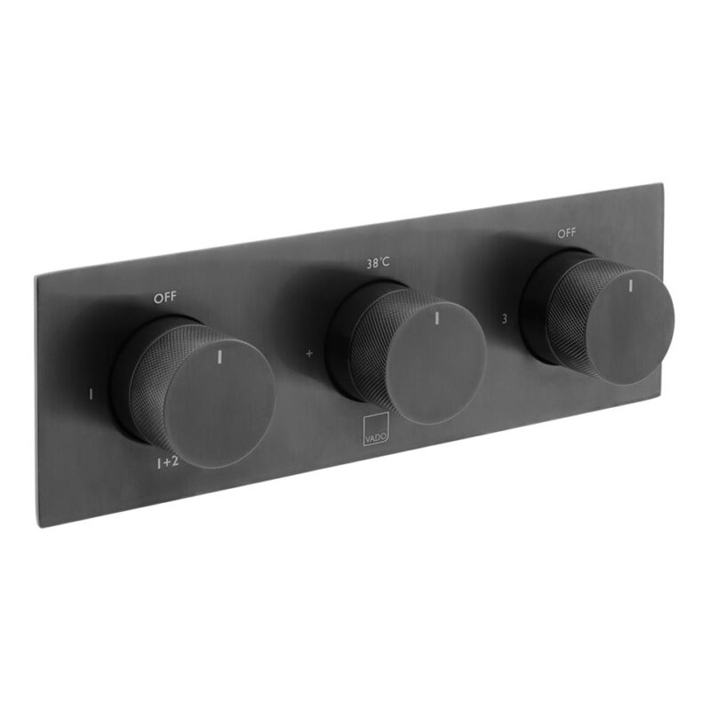 Vado Tablet Knurled Brushed Black Horizontal 3 Outlet, 3 Handle Shower Valve