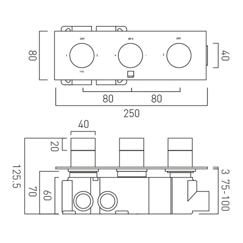 Vado Tablet Knurled Brushed Nickel Horizontal 3 Outlet, 3 Handle Shower Valve